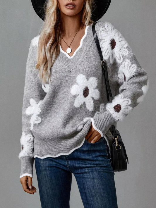 Women's Floral V-Neck Long Sleeve Sweater — women's knit sweater Australia