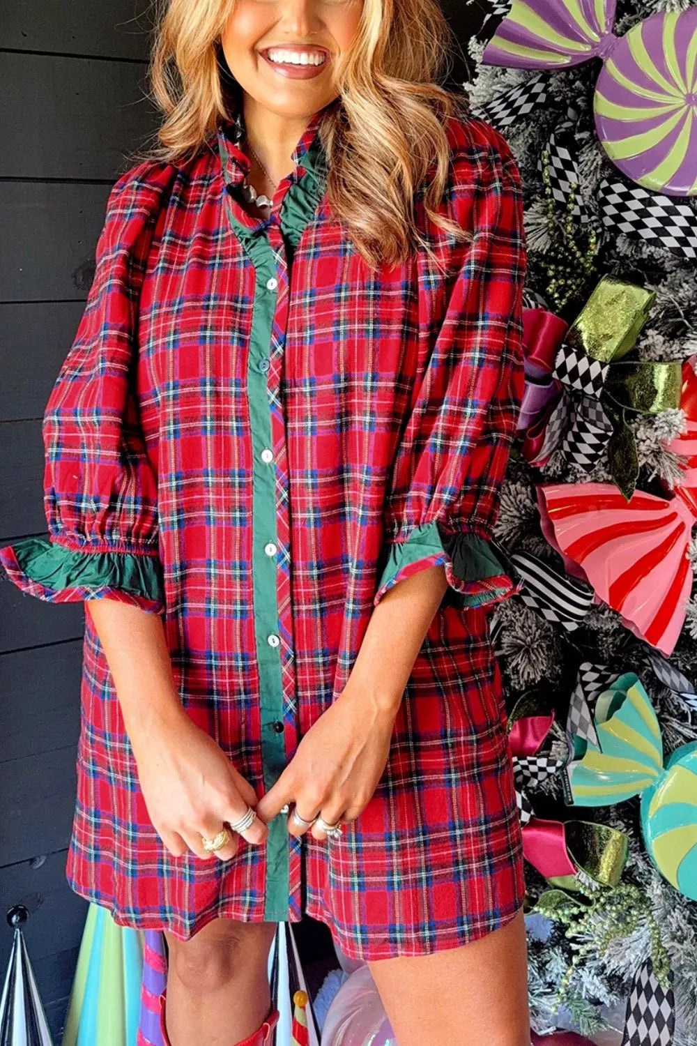 Women's Plaid Ruffle Cuff Button Front Pocket Mini Dress — Chic and Unique AU
