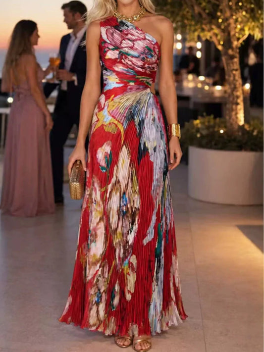 One-Shoulder Pleated Floral Maxi Dress — evening dress Australia