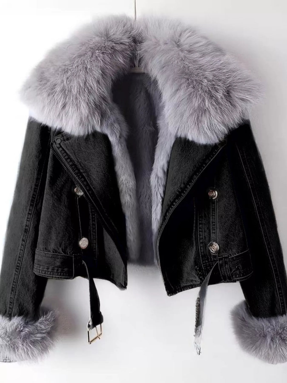 Full Size Faux Fur Collar Denim Jacket Plus Size — women's jacket Australia