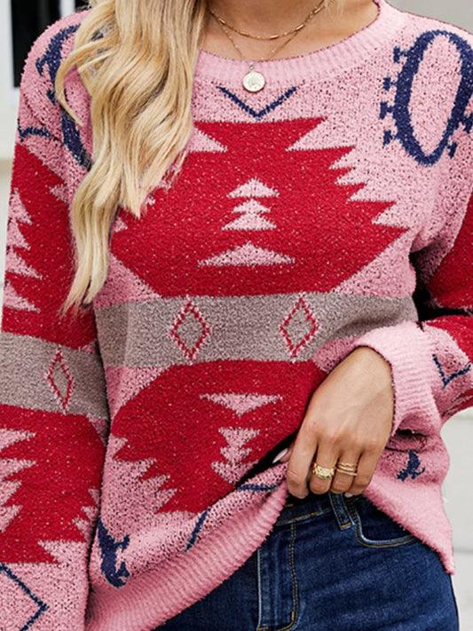 Women's Geometric Round Neck Long Sleeve Sweater — women's knitwear Australia