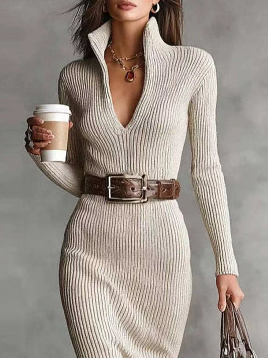 Women's Elegant Ribbed Knit Turtleneck Midi Sweater Dress — women's knitwear Australia