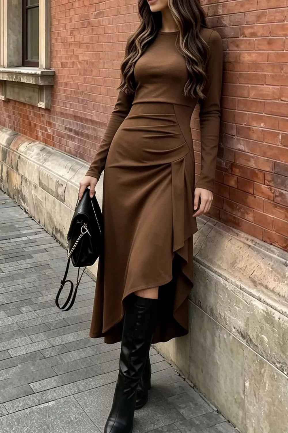 Women's Ruched Asymmetrical Hem Long Sleeve Dress — Chic and Unique AU