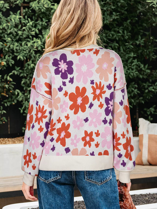 Women's Floral Pattern Drop Shoulder Sweater — women's knit sweater Australia