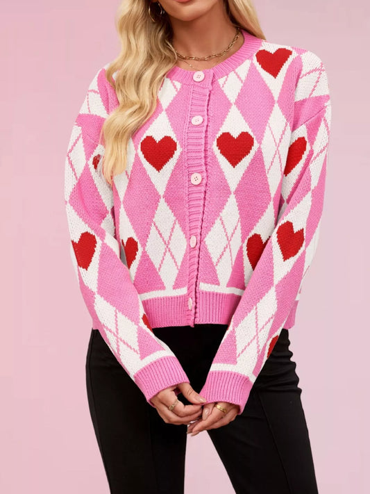 Women's Heart Pattern Button-Up Cardigan — women's knitwear Australia