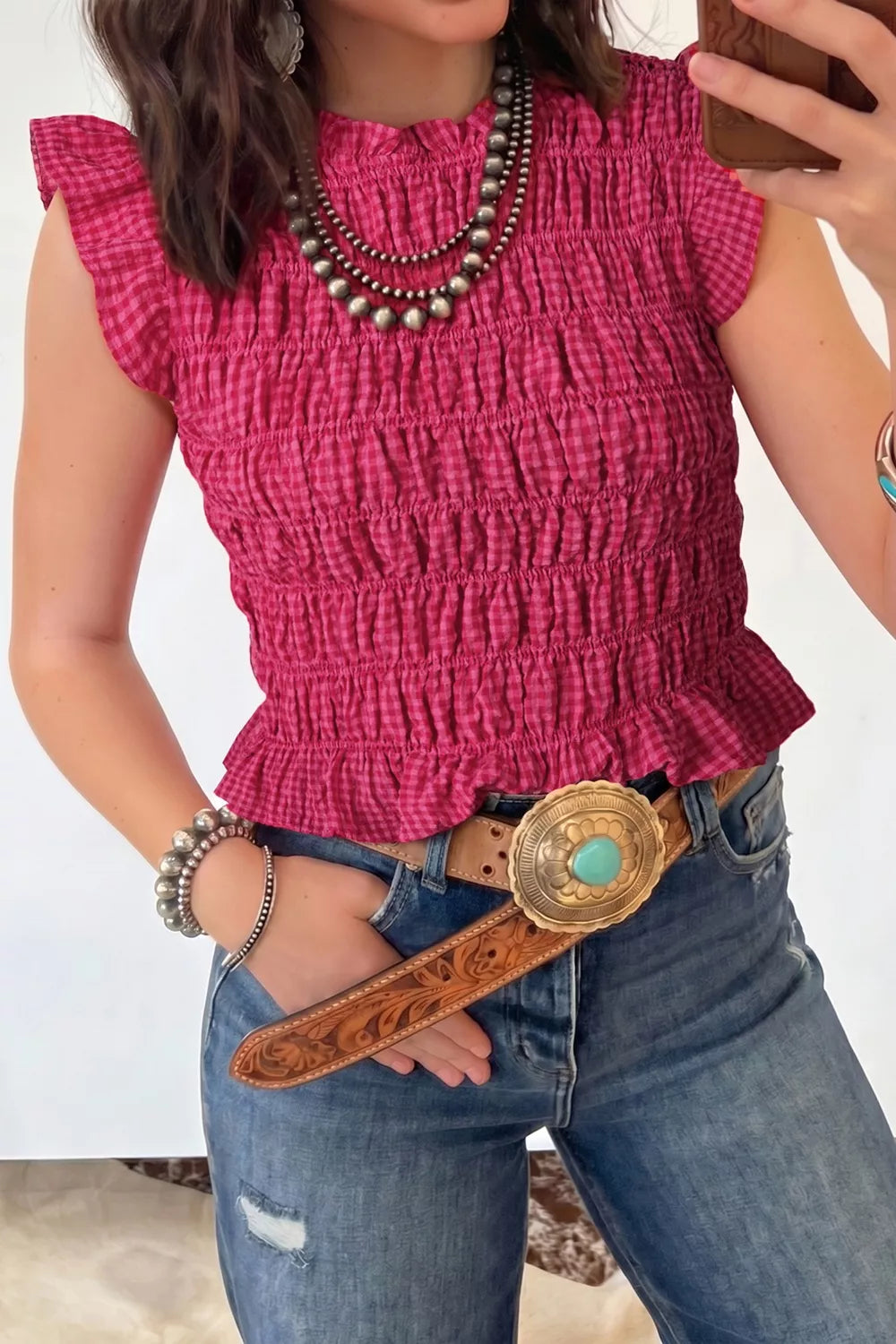 Smocked Gingham Ruffle Sleeve Tank — women's tank top Australia