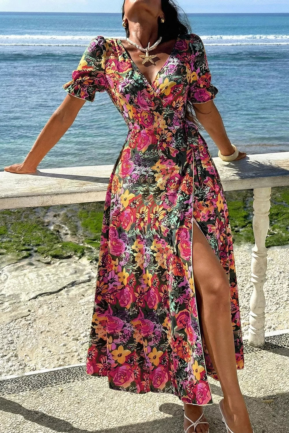 Women's Slit Floral Short Sleeve Maxi Dress — Chic and Unique AU
