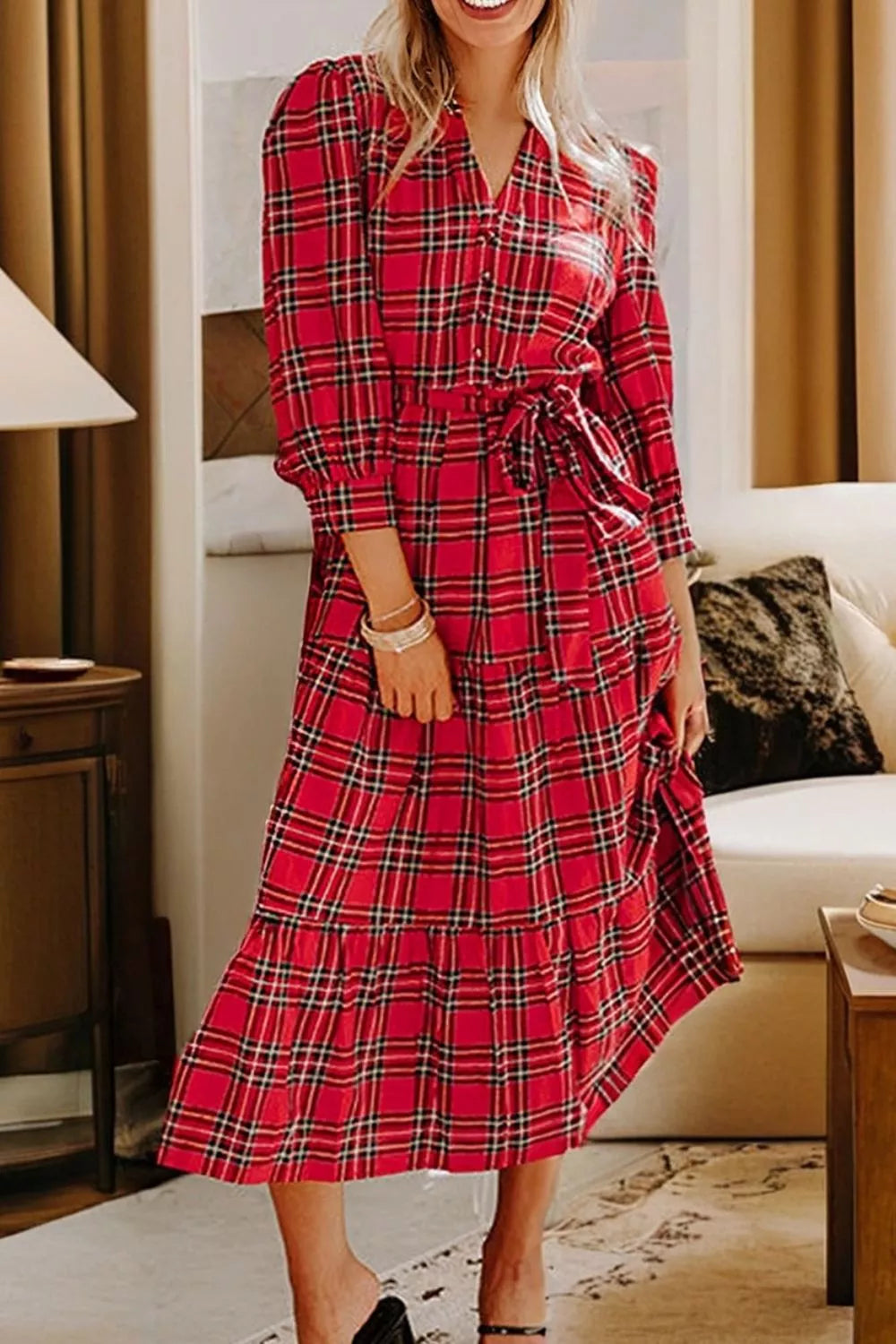 Women's Christmas Plaid V-Neck Midi Dress — Chic and Unique AU