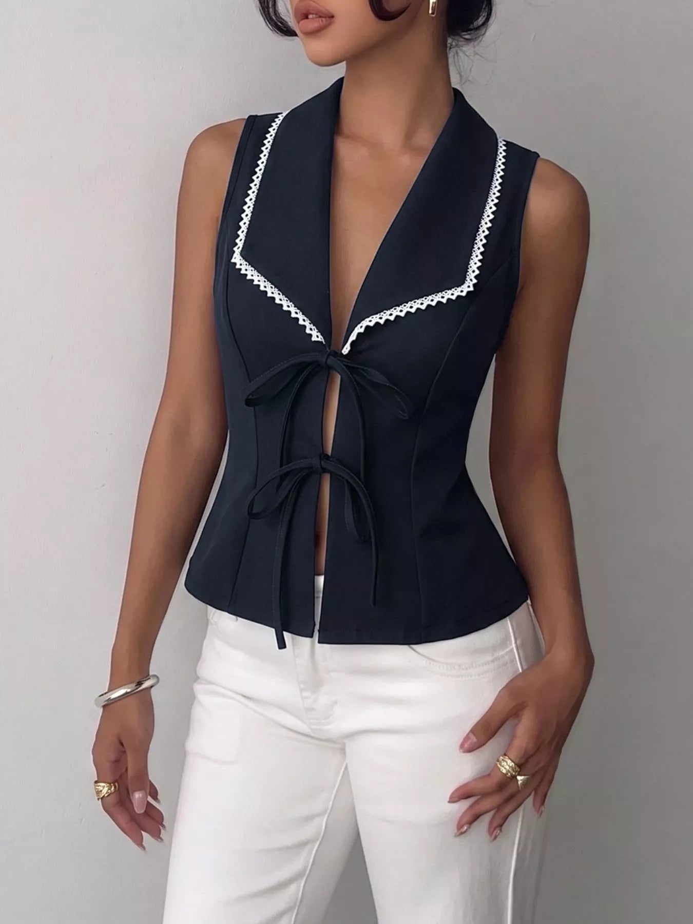 Lace Trim Tie-Front Vest — women's top Australia