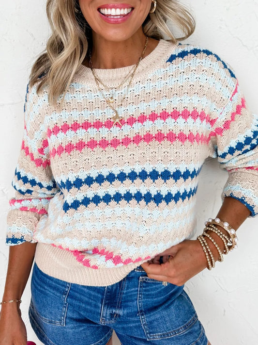 Stripe Eyelet Patterned Drop Shoulder Sweater — women's knit sweater Australia