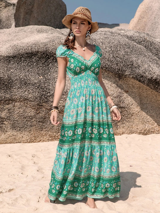 Smocked Printed V-Neck Dress — women's maxi dress Australia