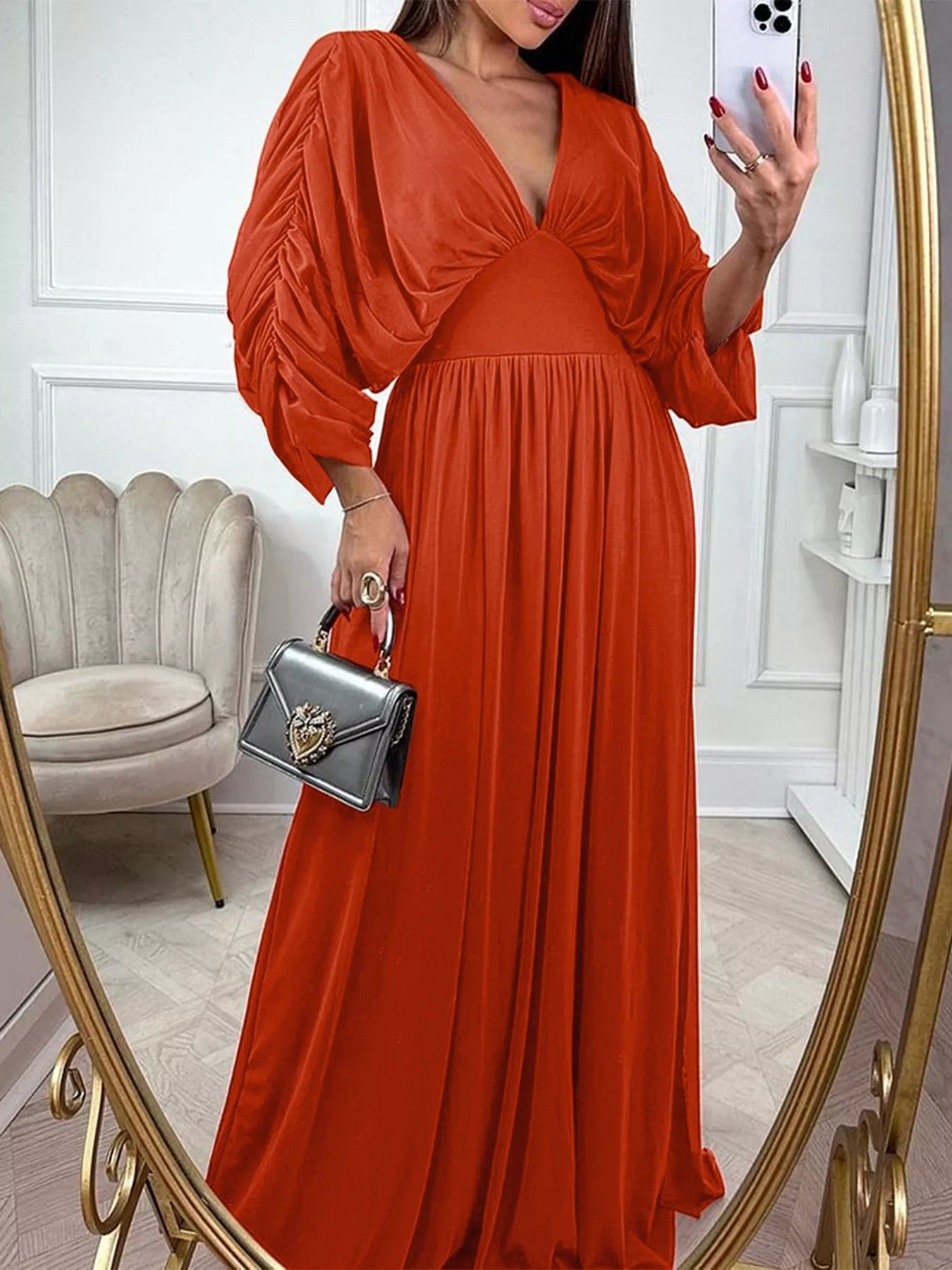 Women's Smocked Ruched Sleeve Maxi Dress — Chic and Unique AU