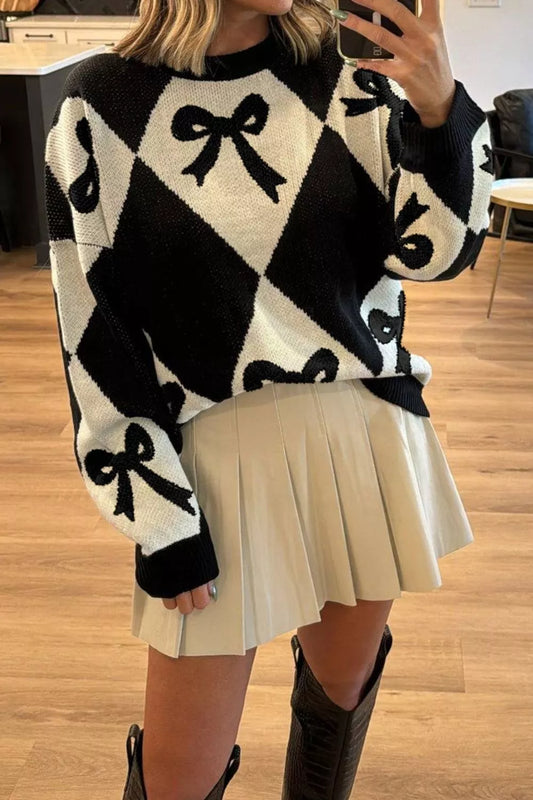 Women's Bow Pattern Long Sleeve Contrast Sweater — women's knit sweater Australia