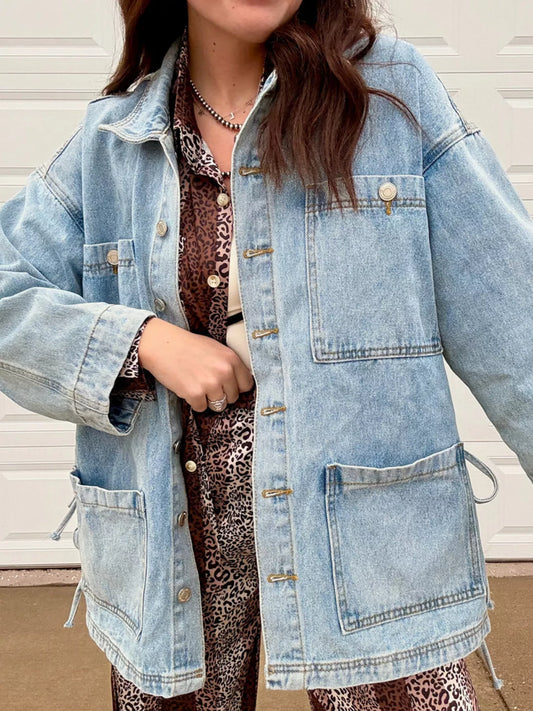 Patched Pockets Side Tie Denim Jacket — women's jacket Australia
