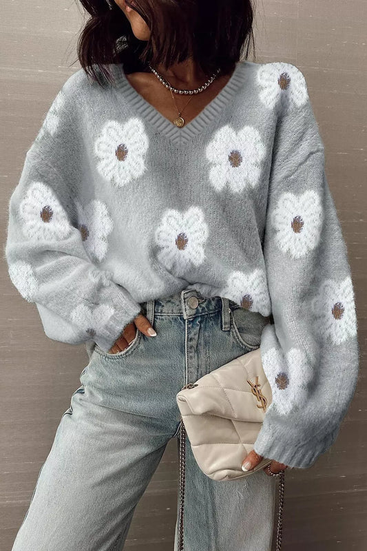 Women's Floral Fuzzy Knit V-Neck Sweater — women's knit sweater Australia