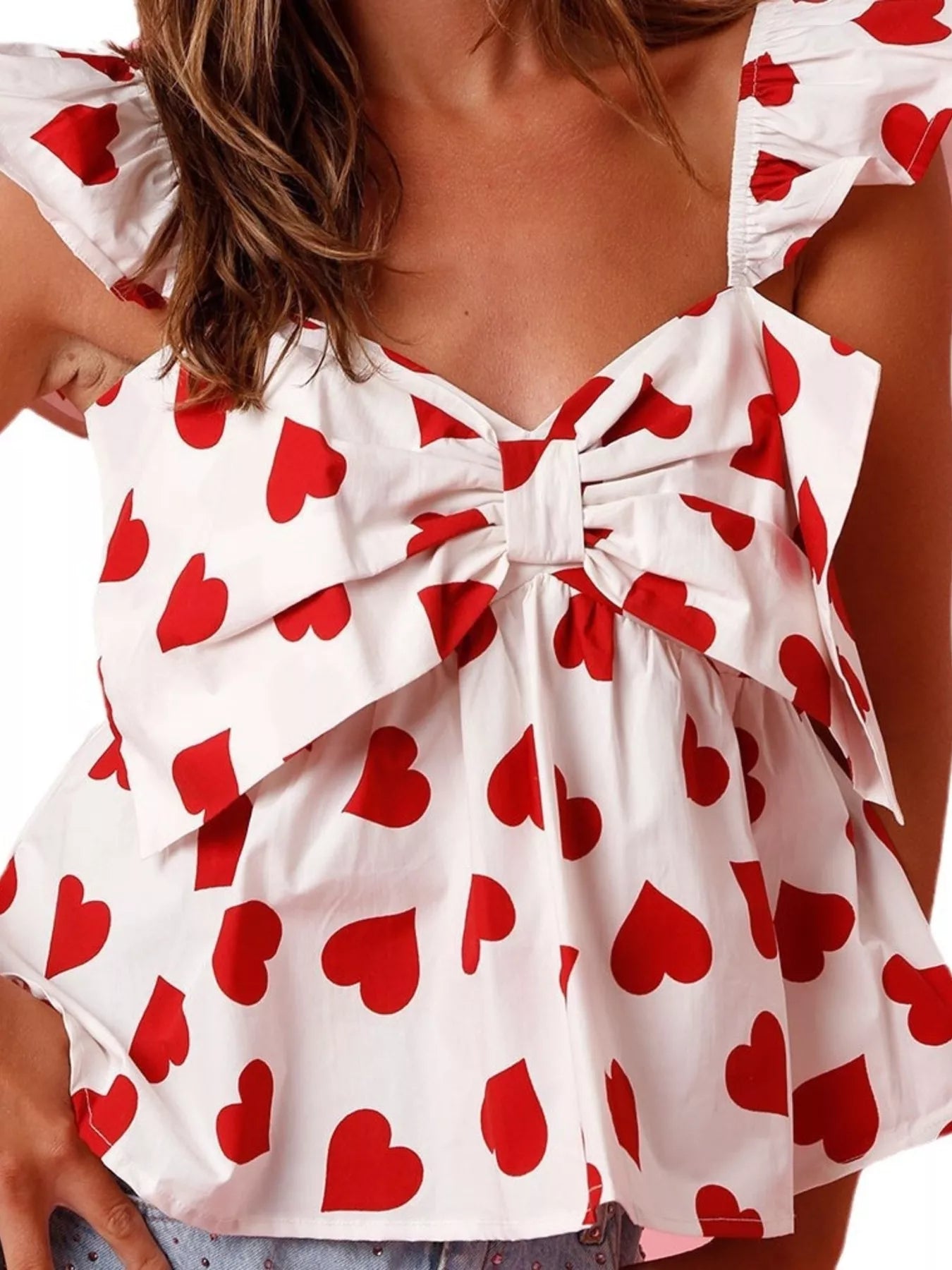 Heart Print Ruffle Trim Bow Tank — women's tank top Australia