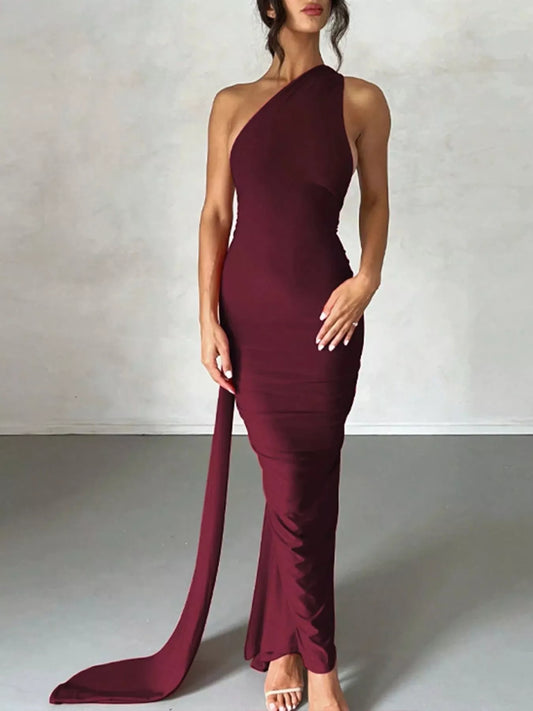 Backless One-Shoulder Ruched Bodycon Maxi Dress — women's maxi dress Australia