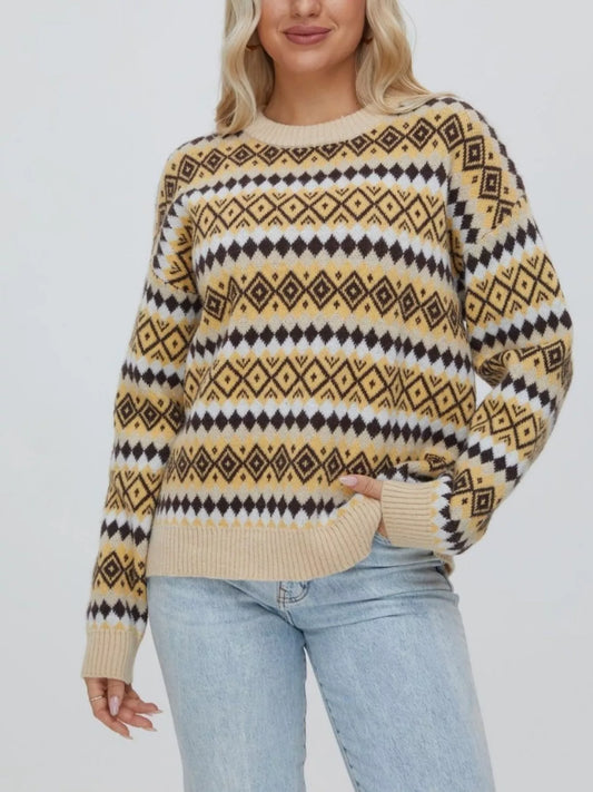 Women's Geometric Pattern Round Neck Sweater — women's knitwear Australia