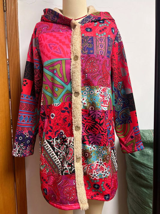 Bohemian Patchwork Fleece Lined Hooded Outerwear — women's outerwear Australia