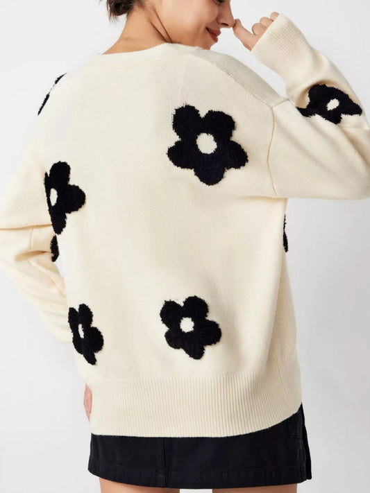 Women's Button Down Floral Applique Knit Cardigan — women's knitwear Australia