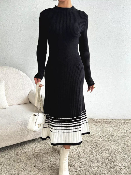 Women's Ribbed Knit Sweater Dress with Striped Hem — women's knit sweater dress Australia