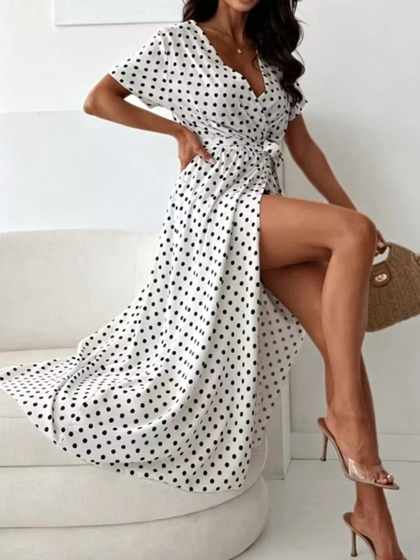 Women's Polka Dot Surplice Maxi Dress with Slit — Chic and Unique AU