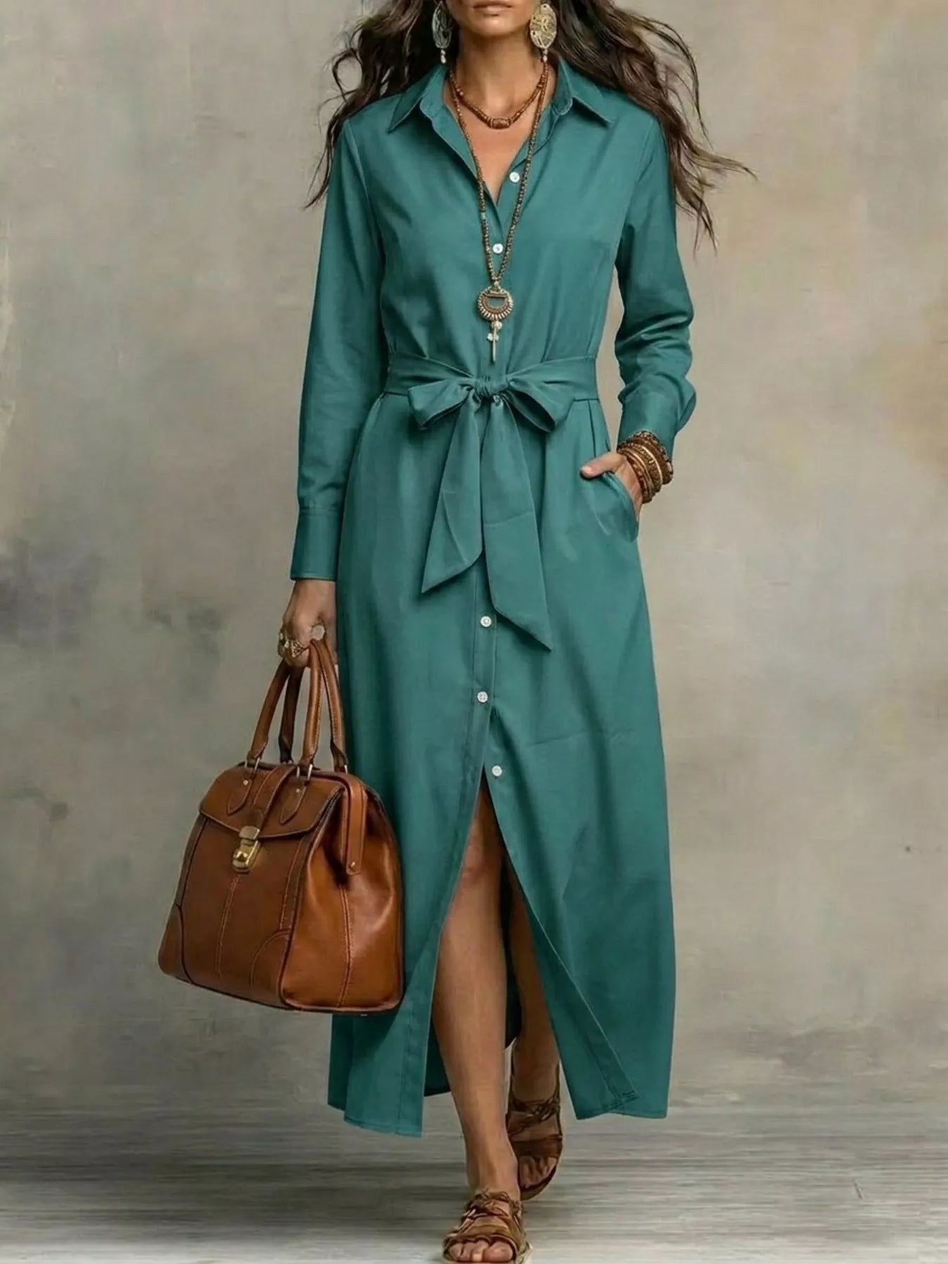 Women's Full Size Tie Waist Long Sleeve Shirt Dress Plus Size — Chic and Unique AU