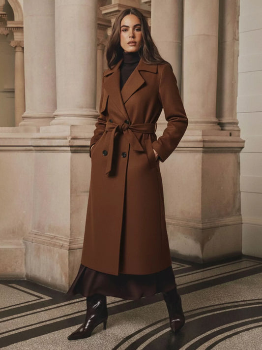 Lapel Collar Belted Wool Blend Coat — women's coat Australia
