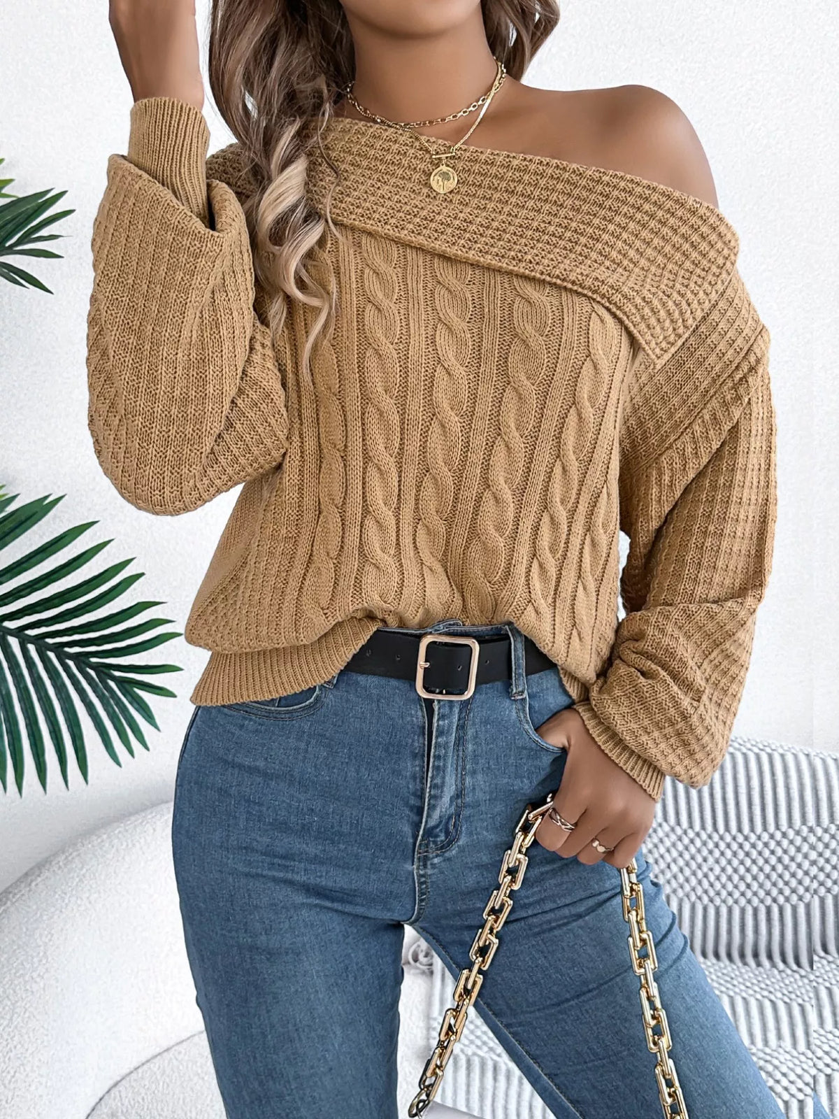 Women's Off-Shoulder Cable Knit Sweater — women's knit sweater Australia