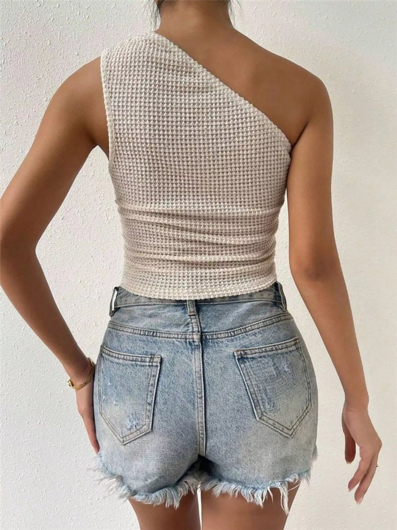 Textured Waffle Knit One-Shoulder Tank — women's tank top Australia