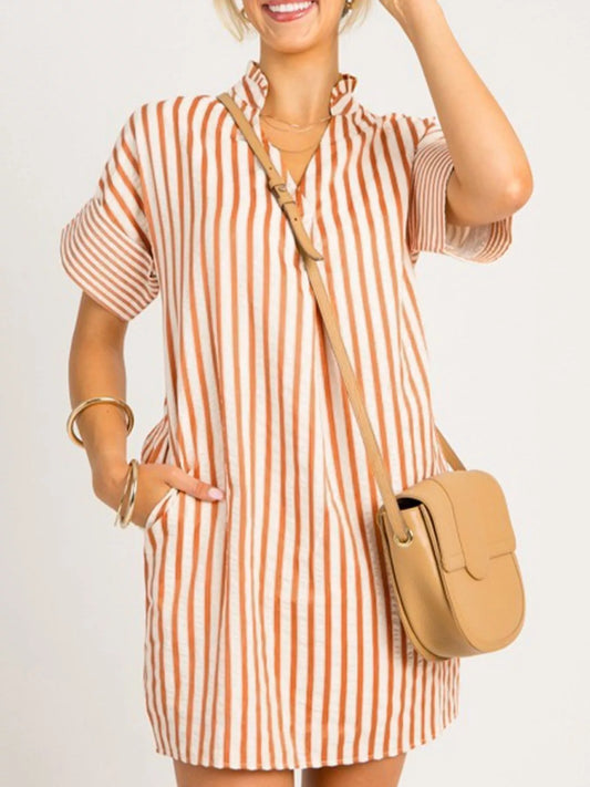 Stripe Pinched V Neck Turn-up Cuffs Shift Mini Dress — women's casual dress Australia
