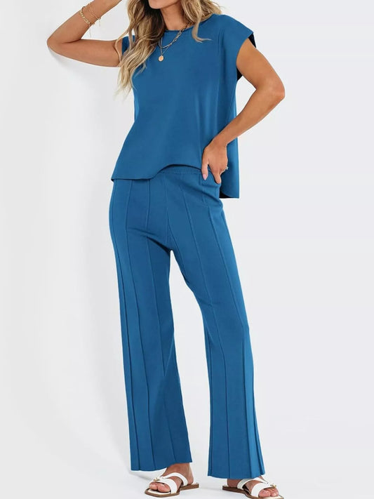 Women's Casual Solid Color Cap Sleeve Top and Pants Knit Set — women's knitwear Australia