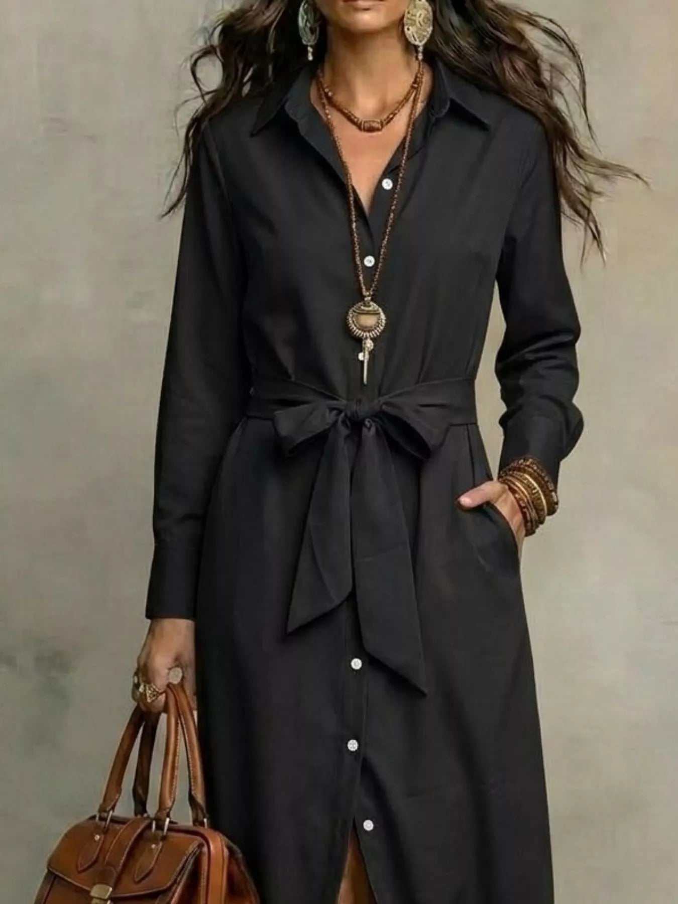 Women's Full Size Tie Waist Long Sleeve Shirt Dress Plus Size — Chic and Unique AU