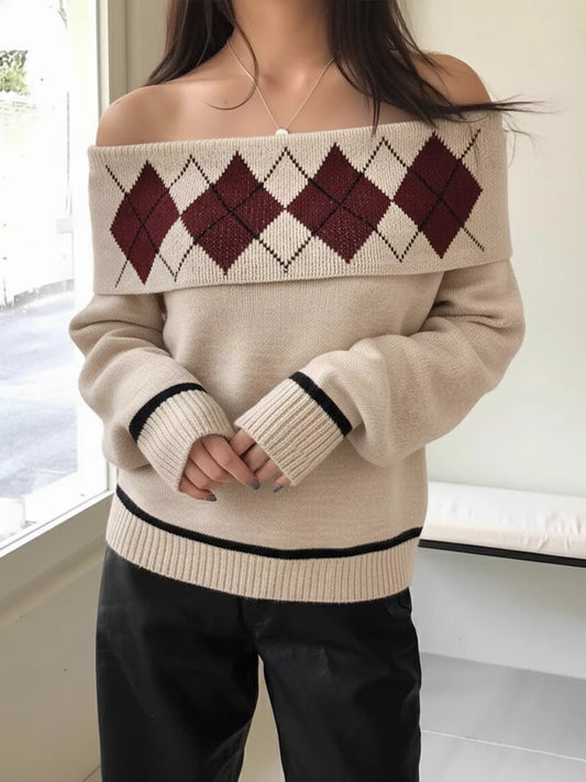 Women's Off-Shoulder Argyle Pattern Sweater — women's knit sweater Australia
