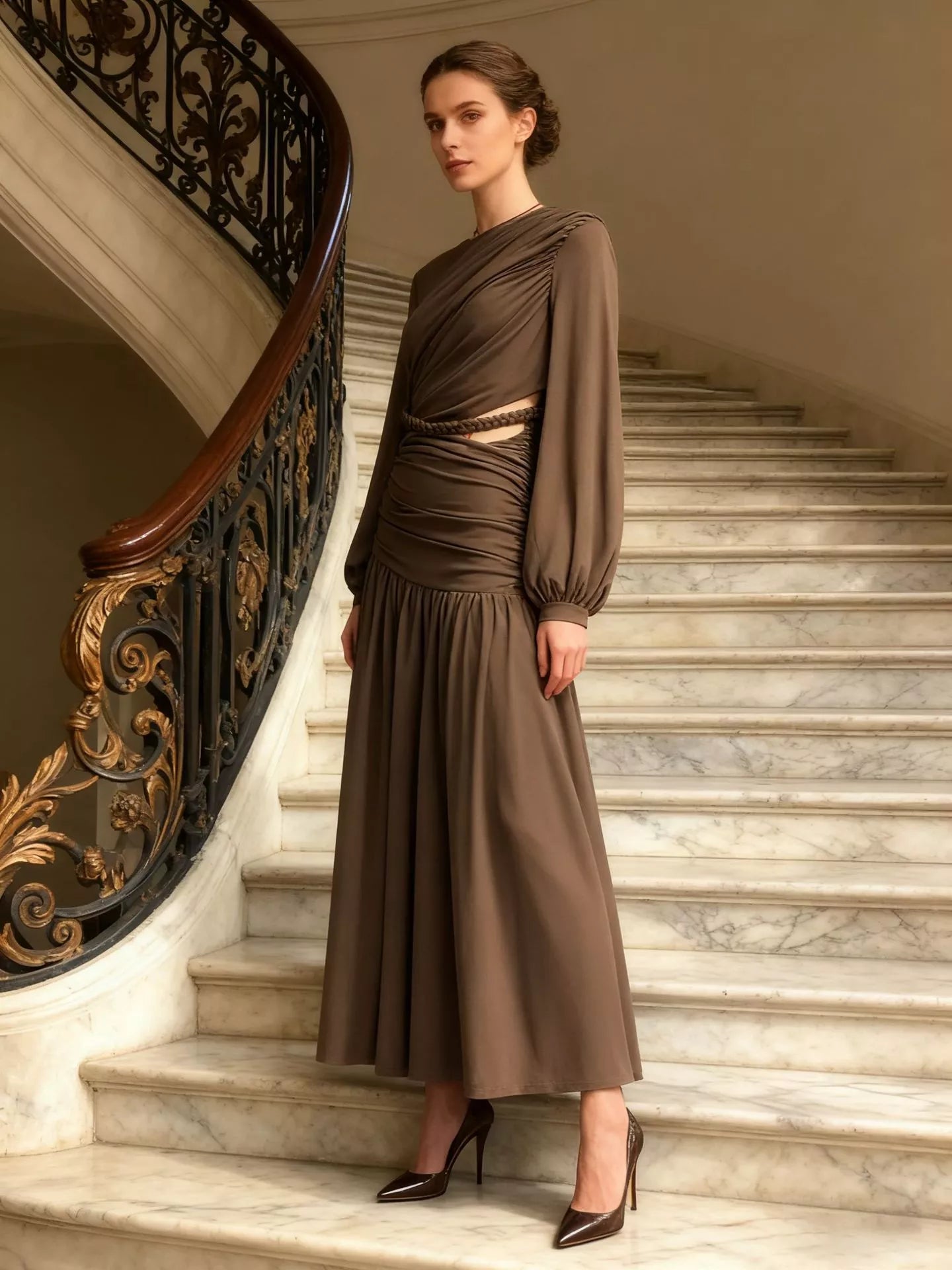 Women's Ruched Long-Sleeve Maxi Dress with Cutout Detail — Chic and Unique AU