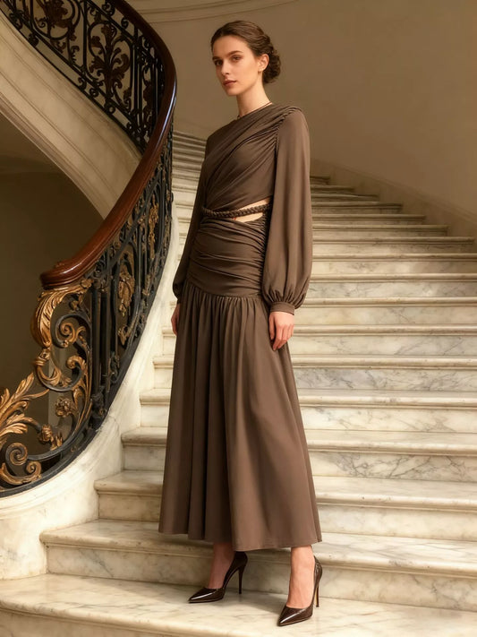 Women's Ruched Long-Sleeve Maxi Dress with Cutout Detail — Chic and Unique AU