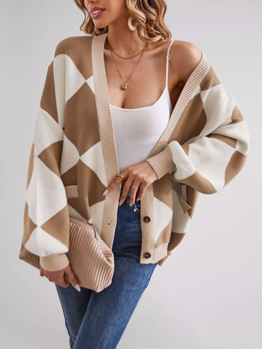 Women's Diamond Pattern Button-Up Knit Cardigan — women's knitwear Australia