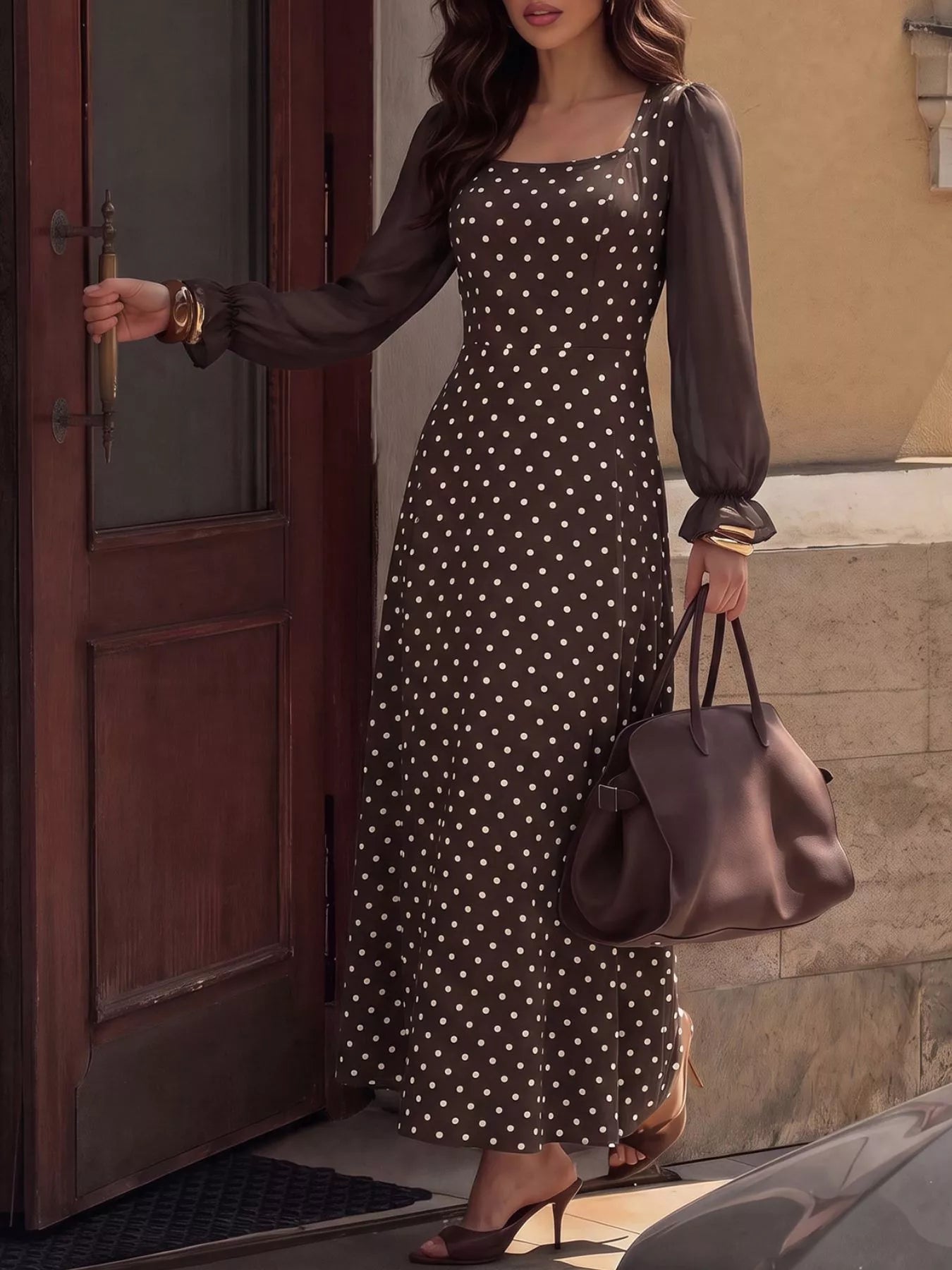 Women's Polka Dot Square Neck Long Sleeve Maxi Dress — Chic and Unique AU