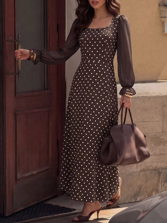 Women's Polka Dot Square Neck Long Sleeve Maxi Dress — Chic and Unique AU