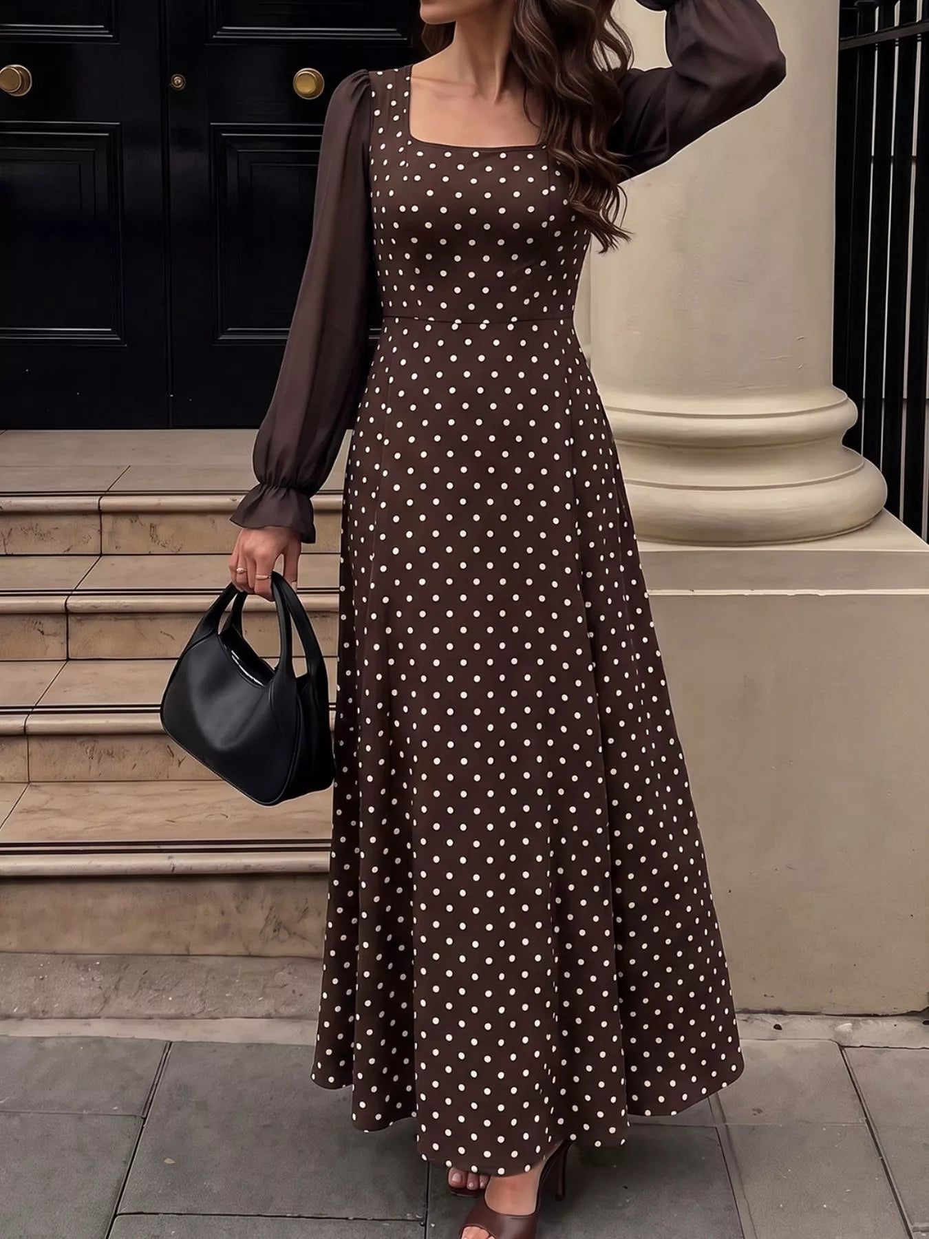 Women's Polka Dot Square Neck Long Sleeve Maxi Dress — Chic and Unique AU