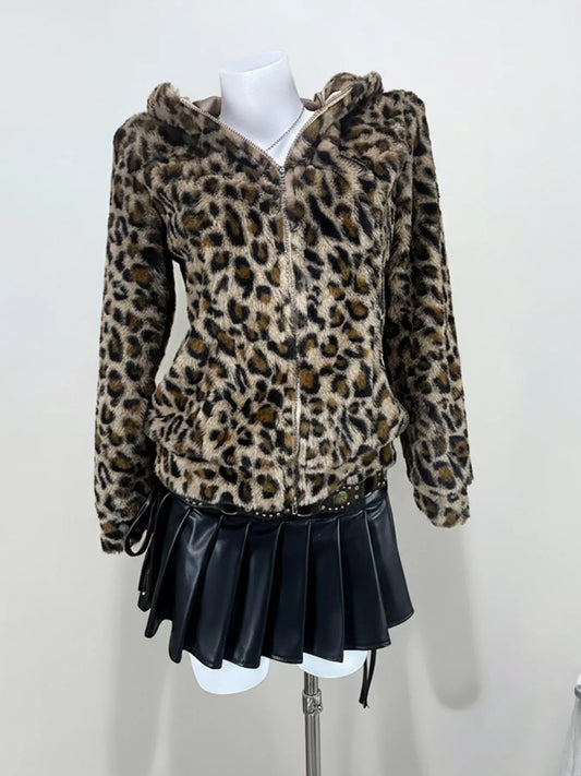 Leopard Plush Zip-Up Hooded Outerwear — women's outerwear Australia