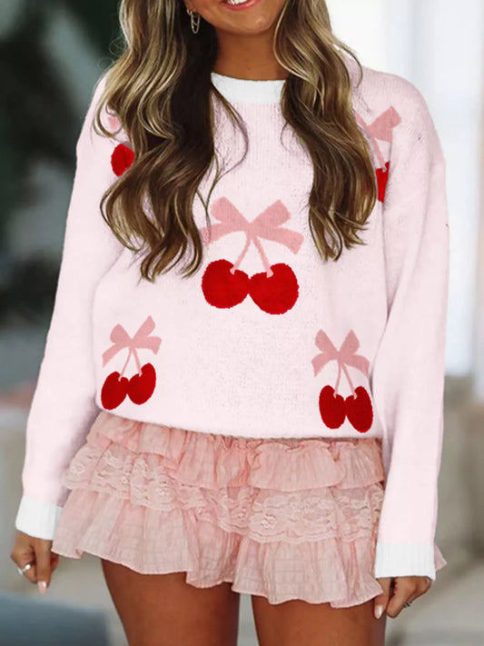 Women's Cherry Pattern Drop Shoulder Sweater — women's knit sweater Australia