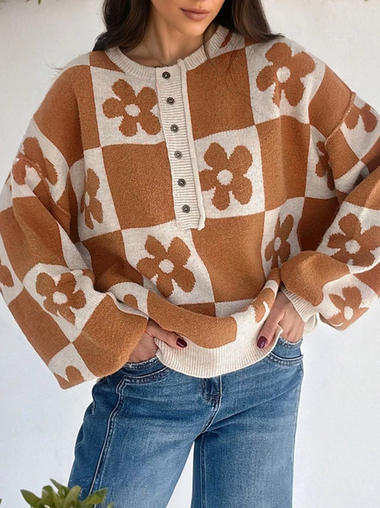 Women's Flower Plaid Henley Baggy Sweater — women's knit sweater Australia
