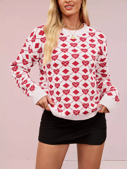Women's Heart & Diamond Pattern Long Sleeve Sweater — women's knit sweater Australia