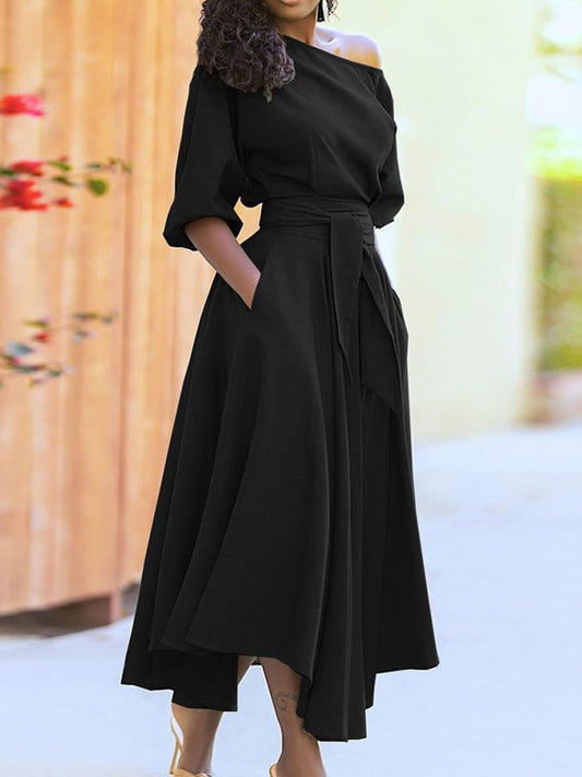 Boat Neck Tie Waist Midi Dress — women's casual dress Australia