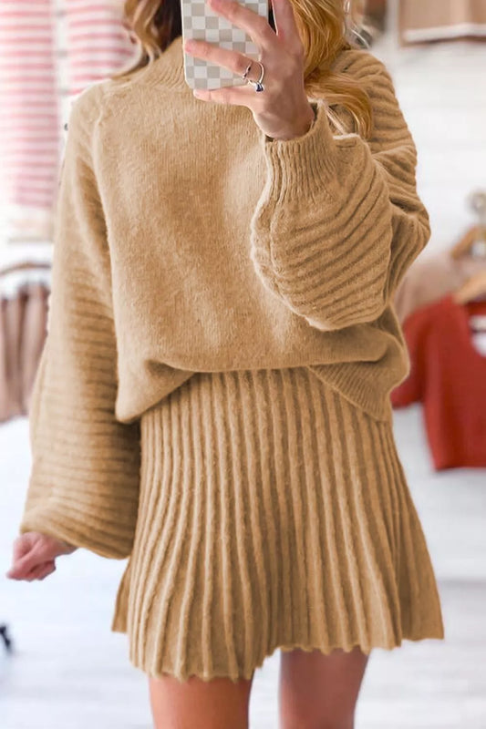 Ribbed Knit Long Sleeve Top and Skirt Sweater Set — women's knit sweater set Australia