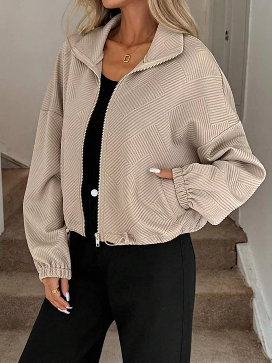 Drawstring Hem Textured Long Sleeve Jacket — women's jacket Australia