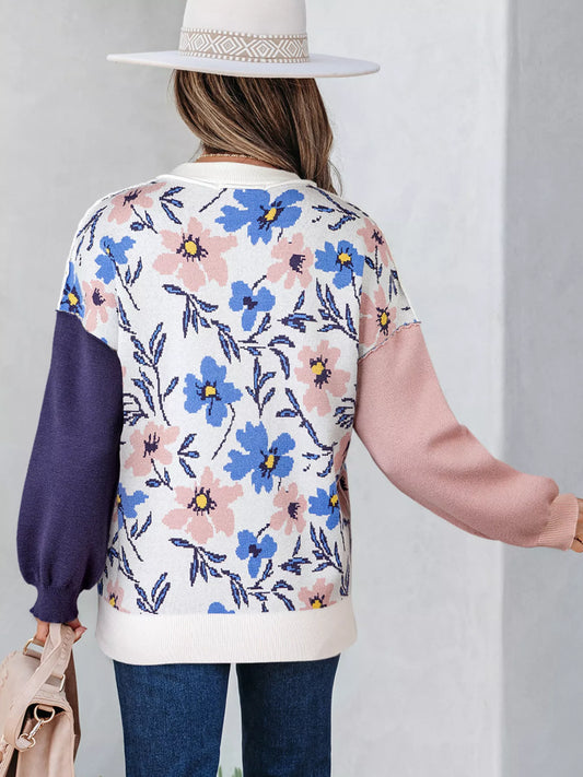 Women's Floral Panel Colorblock Sleeve Patchwork Sweater — women's knit sweater Australia