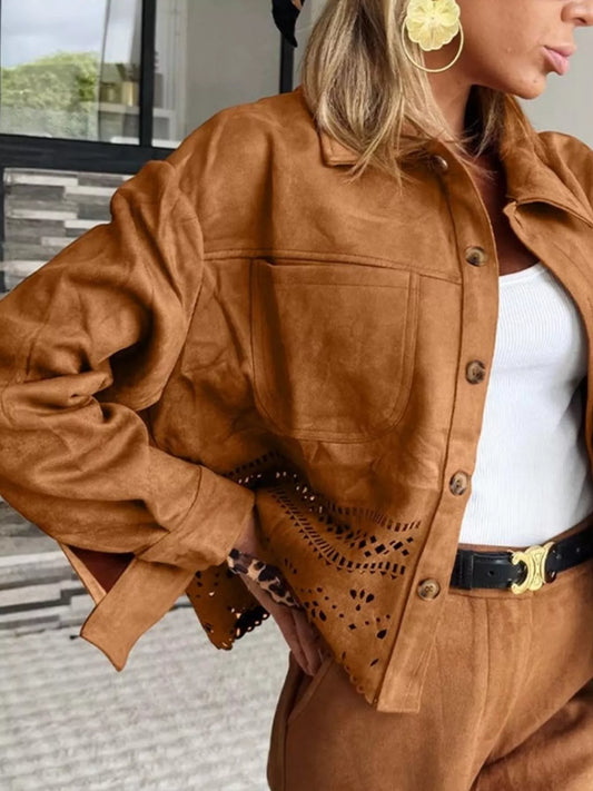 Solid Color Faux Suede Hollowed Detail Retro Style Jacket — women's jacket Australia