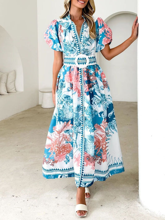 Printed Puff Sleeve Midi Dress — women's casual dress Australia